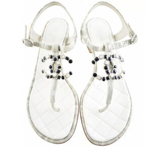 Chanel 20P White Silver CC Logo Mule Strap Thong Sandal Block Heel Flat 36.5c